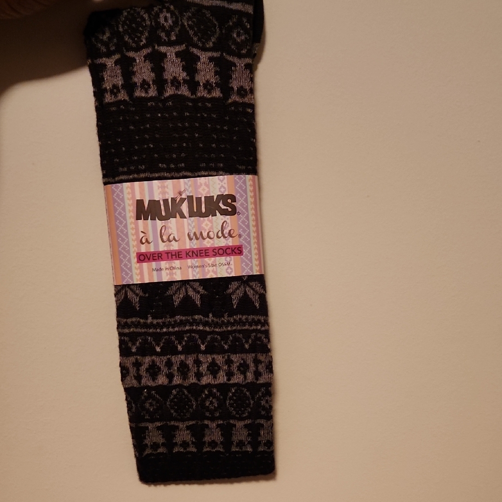 Muk Luks Black and Gray Patterned Knee Socks
